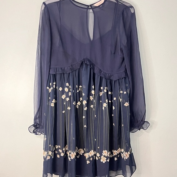 NWOT Ted Baker London Pearl Floral Long Sleeve Minidress in Navy - Size 3 US 8 - Picture 2 of 11